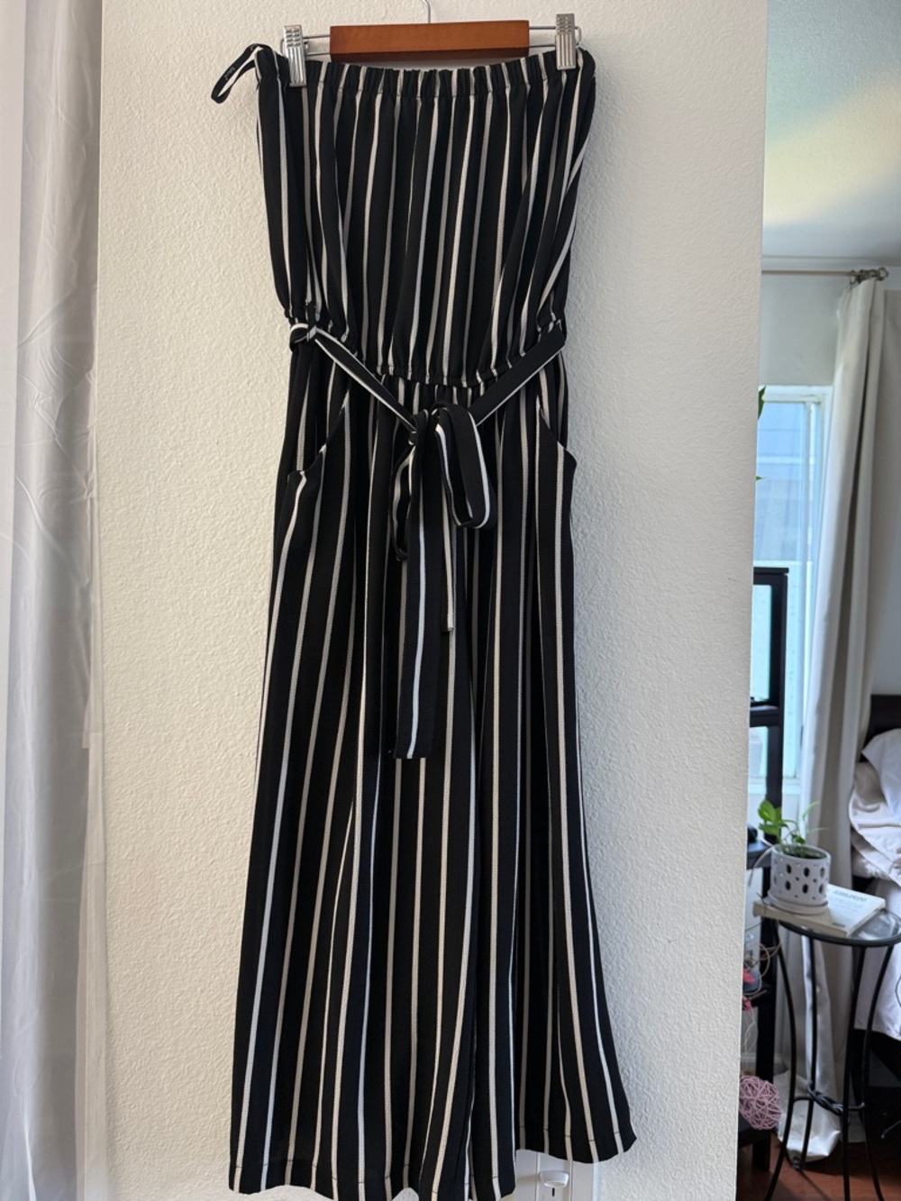 Papaya Black & White Stripe Strapless Jumpsuit with Tie Waist